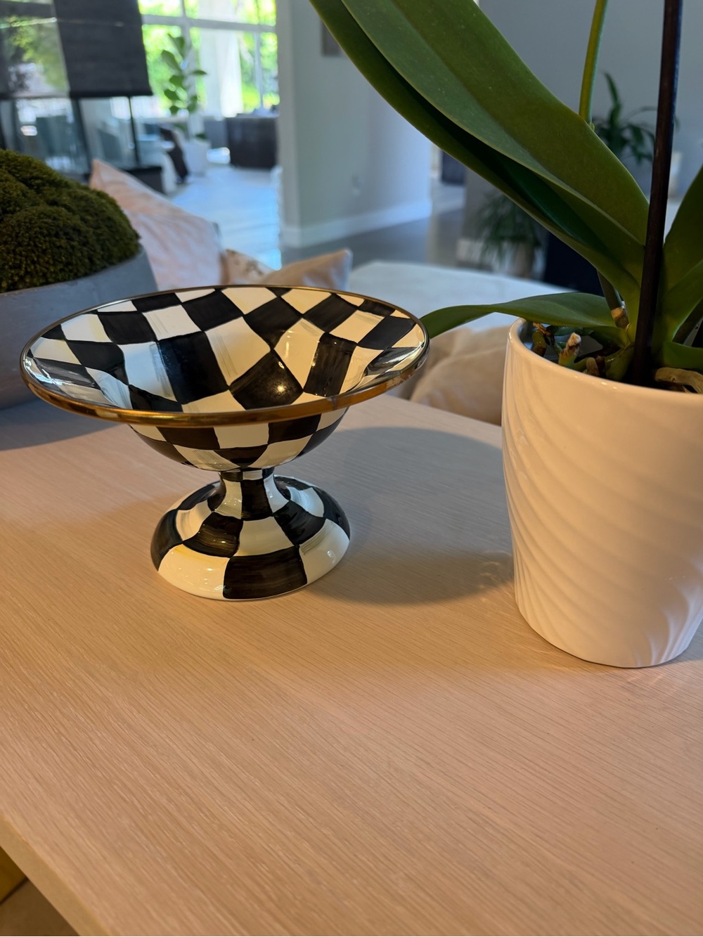 MacKenzie-Childs Black & White Check Pedestal Bowl with Gold Rim sz small